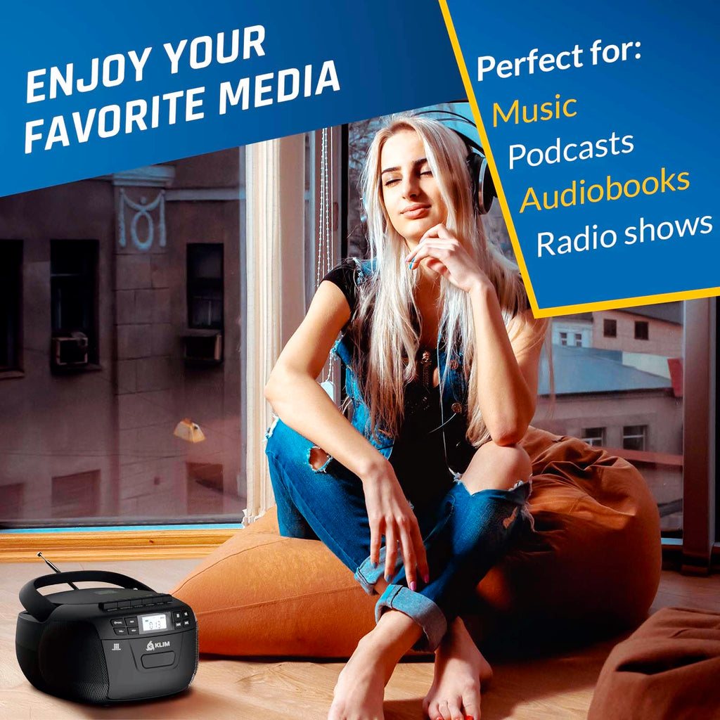 CD Cassette Player with Case, Bluetooth Boombox, AM FM Radio, USB Drive | 3W Stereo Speakers, Song Programming Included, Remote Operates Up to 6 Metres Away - Black