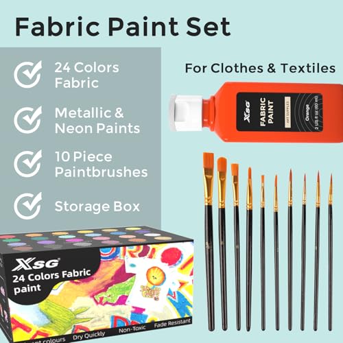 24 Colors Fabric Paint For Clothes Permanent, Soft Fabric Paint in Bottles with 10 Brushes ，Stencils& Palette,Non-Toxic Textile Paint for Shoes，Jeans ，Bags& DlY Projects(60ml/2oz)