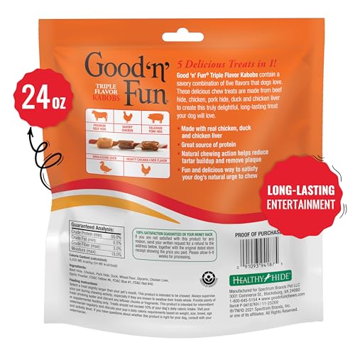 Good 'n' Fun Kabobs Long-Lasting Dog Treat Made With Real Protein, 24 oz | Premium Chicken, Pork and Beef Hide Chew, Supports Dental Health and Mental Stimulation, For Adult Dogs