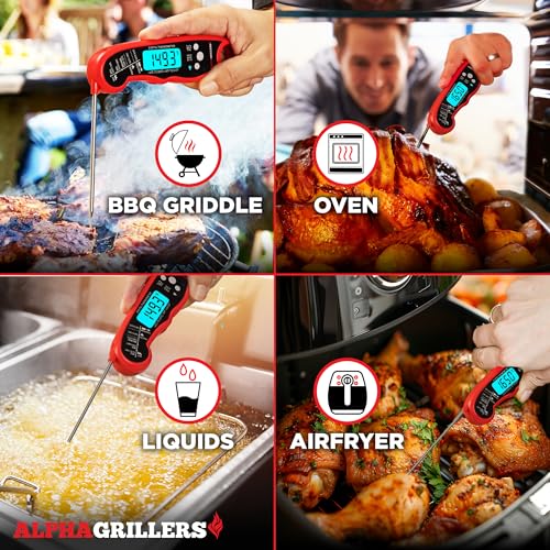 Alpha Grillers Instant Read Meat Thermometer Digital, Cooking, Food, Grill | 1-2 Second Ultra-Fast Response Time, Bright Backlit Display, Waterproof (IP67), Pre-Calibrated & Ready to Use