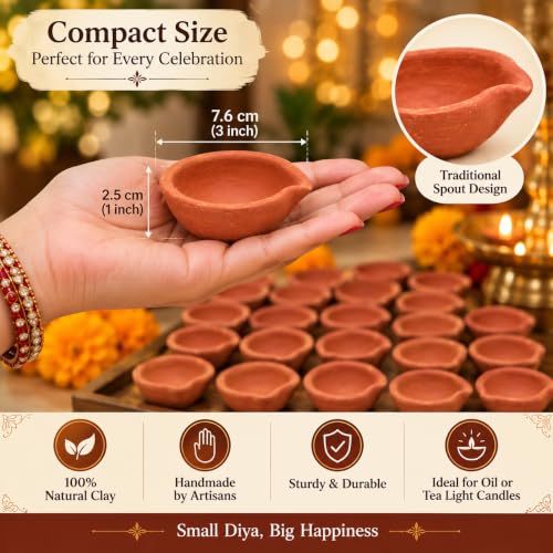 TIED RIBBONS 24 pcs Handmade Natural Clay Diya for Indian | Traditional Homemade Diwali Diyas Tealight | Indian Oil Lamp | Diwali Decorations | Indian Gifts, Pooja Decor | Terracotta Diyas