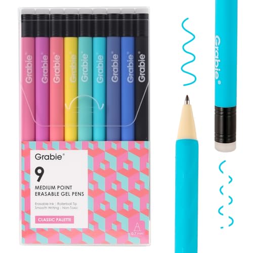 Grabie Erasable Gel Pens, 9 Medium Point 0.7 mm Pens, Classic | Heat-Sensitive Erasable Ink, Clean Erasing, Smooth Writing, Vibrant Assorted Colors, Twist-up Design, Drawing, Journaling