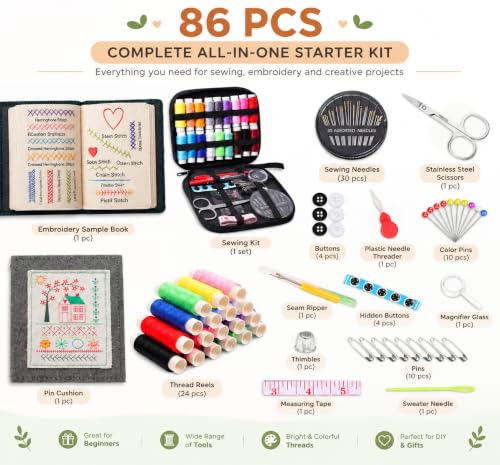 Embroidery Stitch Book Kit for Adults & DIY Craft Enthusiasts, Portable Embroidery Kit for Beginners, Includes Guide to 106 Patterns with Tools & Tutorials and 86-Piece Sewing Tool Set