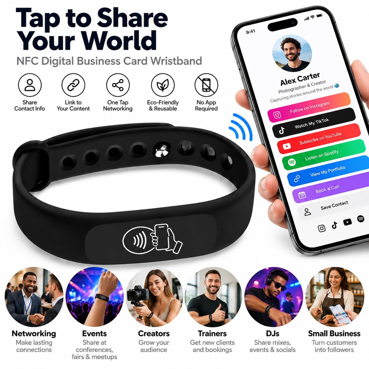 NFC Smart Business Card Wristband, Adjustable (Black) | QR Code, Waterproof Silicone, Tap to Share Contact Info, Works with iPhone and Android