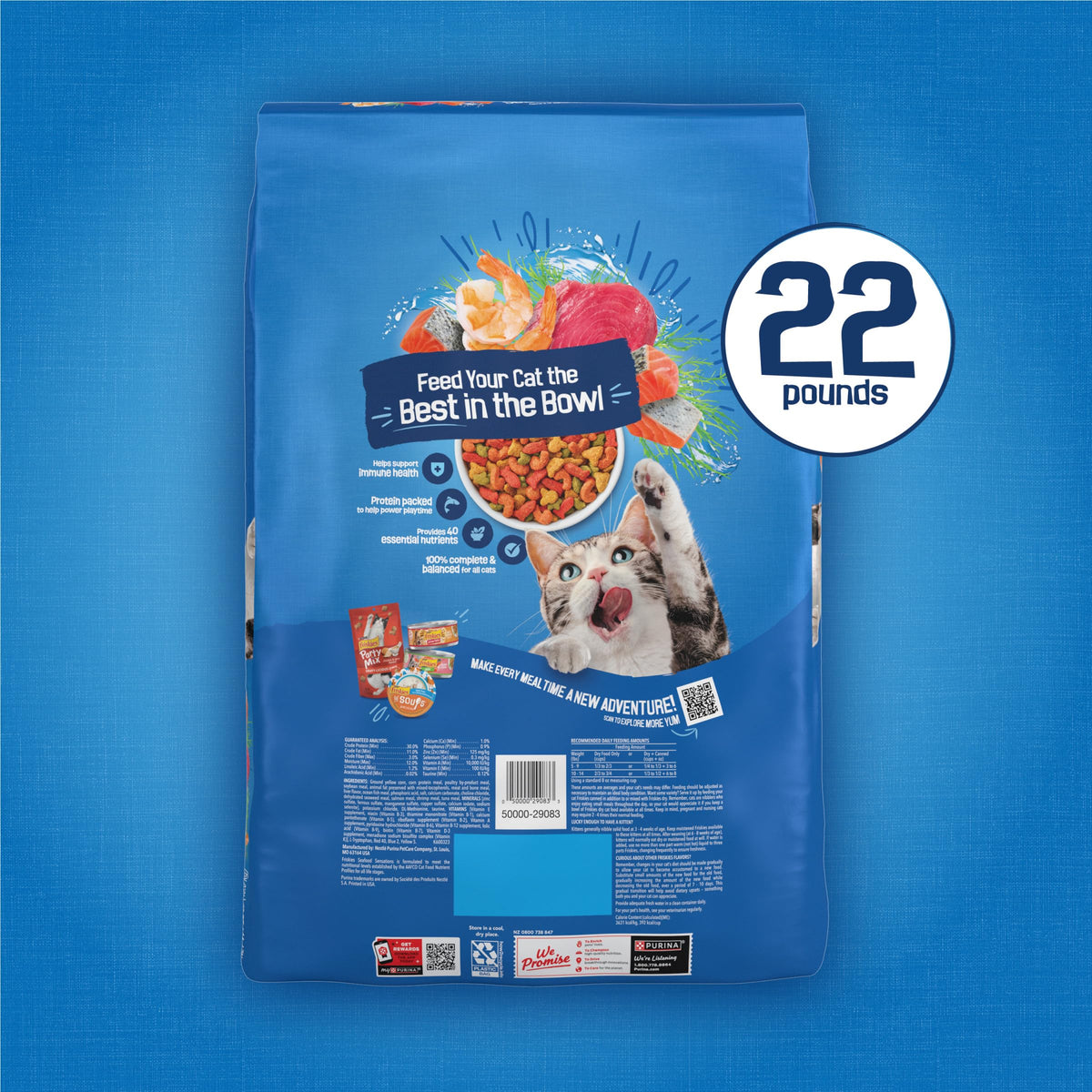 Friskies Purina Seafood Sensations Dry Cat Food, 22 lb Bag | Crunchy cat kibble with salmon, tuna and shrimp flavors, with protein for healthy muscles and fatty acids for skin and coat