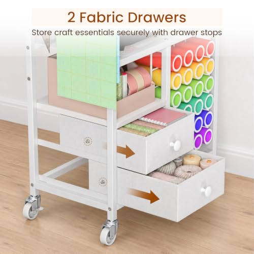 Snughome Rolling Craft Cart for Cricut Machine, Organizer and Storage Stand | 23.6" x 15" Worktop, Large Craft Organizer Cart with 24 Vinyl Roll Holders, 2 Fabric Drawers, 4 Hooks and 4 Silent Casters