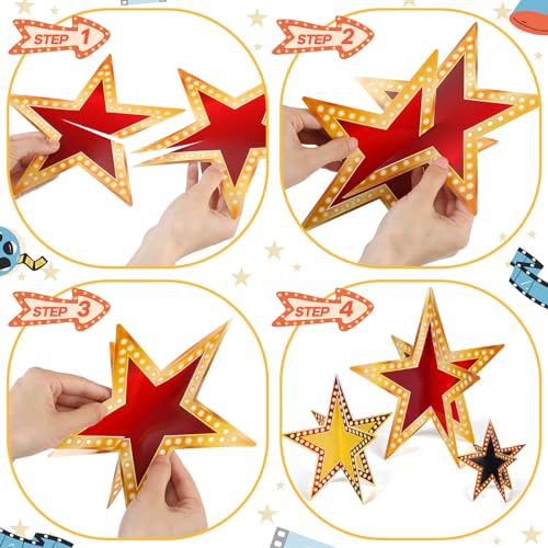 Sinload 45 Piece 3D Glitter Star Centerpieces Red Black Gold Party Decor | 300 Gsm Cardstock with 15 Pieces Per Size in 8" 5" 3" Formats for Standing Hanging Back to School Movie Night Awards Decor
