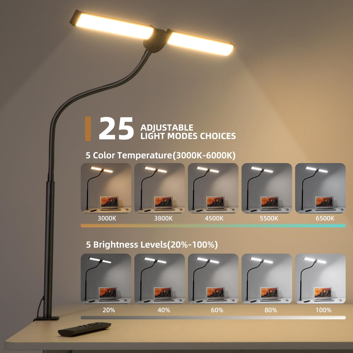 Motumen Led Desk Lamp for Home Office, Eye-Care Desk Light Clamp, Black | Smart Double Head Computer Monitor Table Clip Lamp, Adjustable Flexible Goose-Neck, 25 Lighting Models, Task Lamp