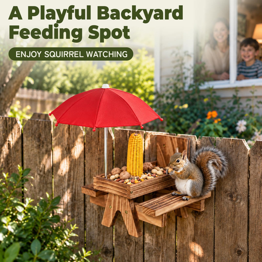Squirrel Feeder for Outside, Funny Wooden Picnic Table with Mini Umbrella | Solid wood feeder for squirrels and chipmunks, drainage mesh, corn cob holder, feeding area, tree or fence mount
