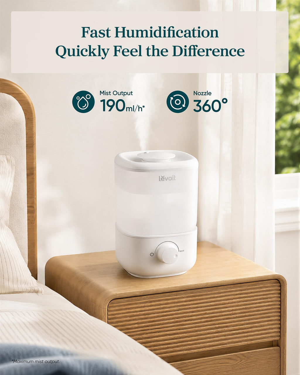 Levoit Top Fill Humidifiers for Bedroom, 2.5L Tank for Large Room, 25dB | Easy to Fill & Clean, Quiet Cool Mist Air Humidifier for Home Baby Nursery & Plants, Auto Shut-off for Safety, 25H Lasting