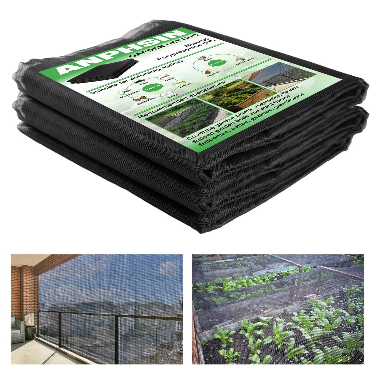 10x20ft Strong PP Nanocomposite Mosquito Net Garden Netting, Black | Clear View, Ultra-fine Mesh, Tear-resistant, Bird Insect Pest Barrier Screen, Patio/Balcony/Porch/Raised Beds/Tree Protection