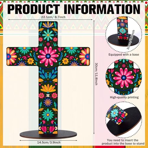 Pinkunn 2 Pcs Day of The Dead Cross Decor, Floral | 9 X12 in Hand Painted Wooden Dia De Los Muertos Cross, Mexican Altar Ofrenda Decor, Spanish Crucifix, Home Church Centerpiece