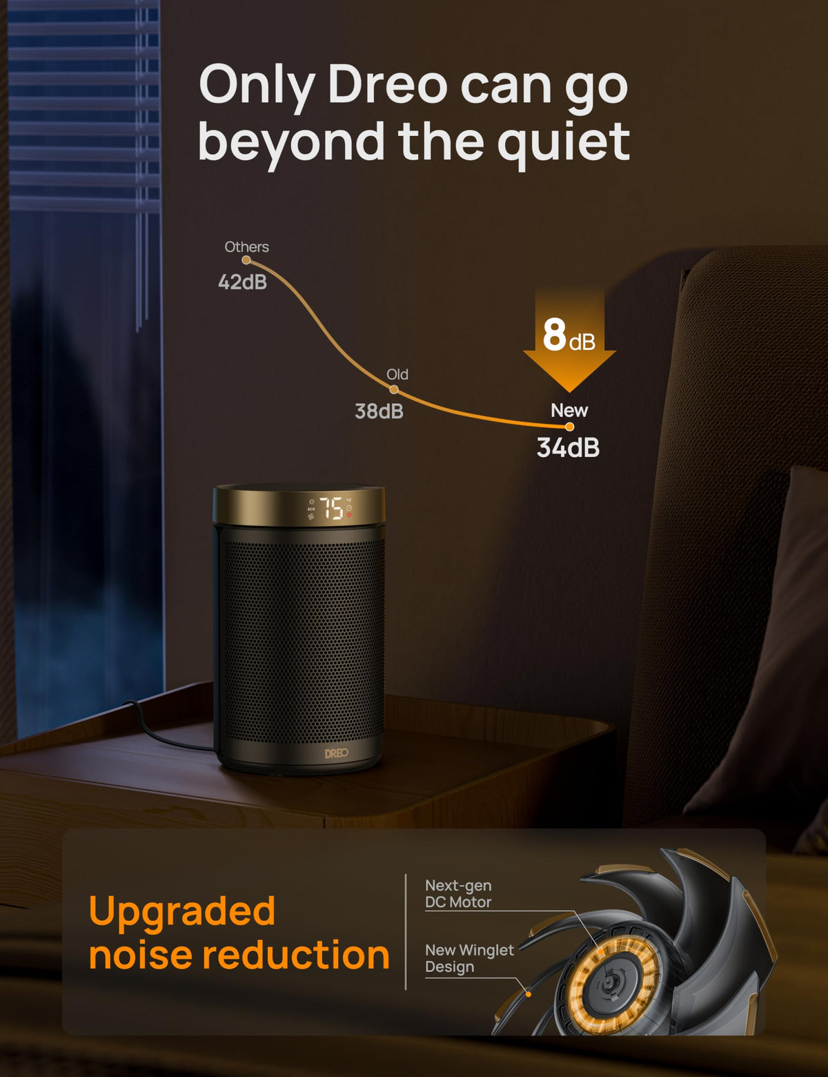 DREO Space Heater, Portable Electric Heaters for Indoor Use with Thermostat | 2026 Upgraded, 34dB Quiet, 12H Timer, 5 Mode, Remote, 1500W PTC Ceramic Fast Safety Heat for Office Bedroom Home, Gold