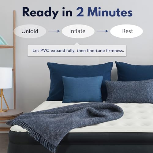 King Koil Air Mattress Queen with Built-in Pump, 20” Raised Airbed | Luxury blow up mattress for guests & home • Inflates in 2 minutes • 650 lb capacity • Patented high-speed pump