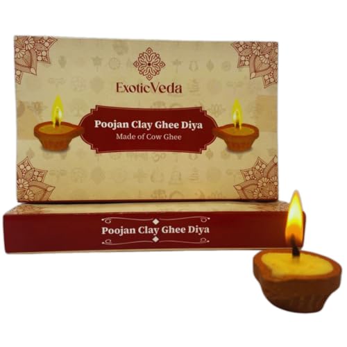 Handcrafted Poojan Clay Ghee Diya Set of 15 - Eco-Friendly Homemade Diya with Premium Cow Ghee Wick for Spiritual Rituals, and Religious Ceremonies, Meditation.