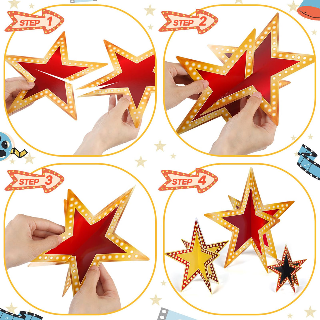 Sinload 45 Piece 3D Glitter Star Centerpieces Red Black Gold Party Decor | 300 Gsm Cardstock with 15 Pieces Per Size in 8" 5" 3" Formats for Standing Hanging Back to School Movie Night Awards Decor