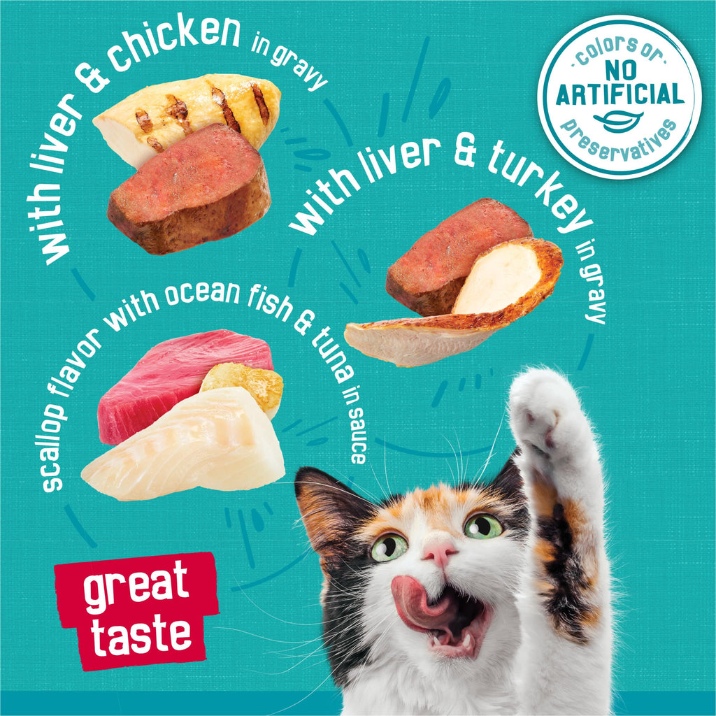 Friskies Purina Tasty Treasures Cat Food, Prime Filets Variety, (12) 5.5 oz | Chicken and tuna, chicken, ocean fish and turkey wet cat food in gravy or sauce, 100% complete & balanced for adult cats