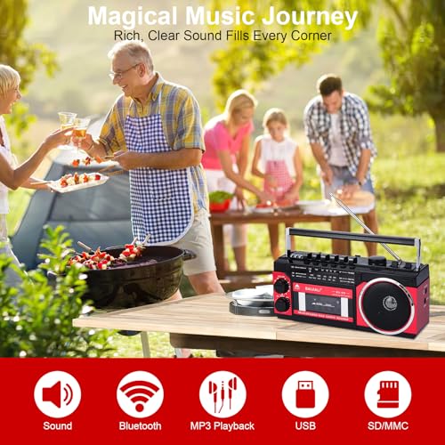 BAIJIALI Portable Cassette Player with AM/FM/SW Radio & BT | Boombox for Home and Travel, Record from Radio, Play via SD/USB, Headphone Jack, AC/Battery Power