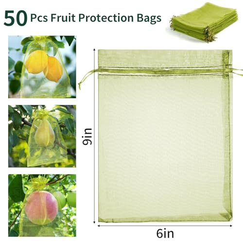 50 Pcs Fruit Protection Bags, 6×9 in Mesh Cover Nets for Tree, Green | Drawstring Netting, Protect Fruits, Dense Fine Mesh, for Vegetables Strawberry Tomato Garden, Reusable and Soft