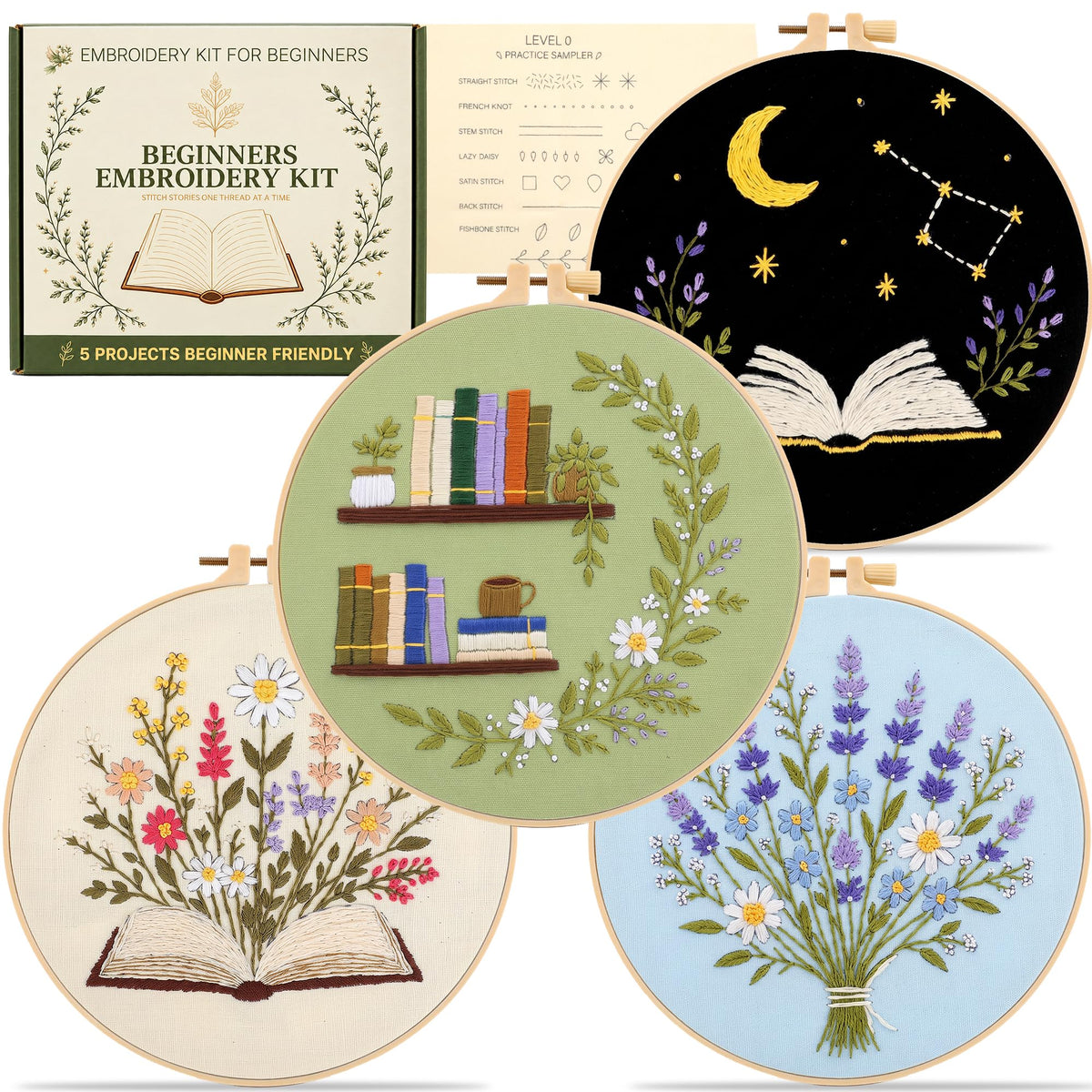 JOINRUN Embroidery Kit for Beginners Adults with Level 0 Practice Sampler | 4 Pre-Printed Book Lover Botanical Patterns + 1 Sampler Fabric, 7.8" Hoop, Video Tutorials, DIY Craft Gift for Women