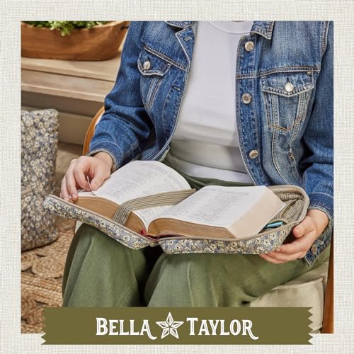Bella Taylor Bible Cover, Quilted Bible Case, Khaki Floral | For 7 x 10" study Bibles, 3 interior/1 exterior pocket, 2 penloops, bookmark, durable quilted cotton, wraparound zipper