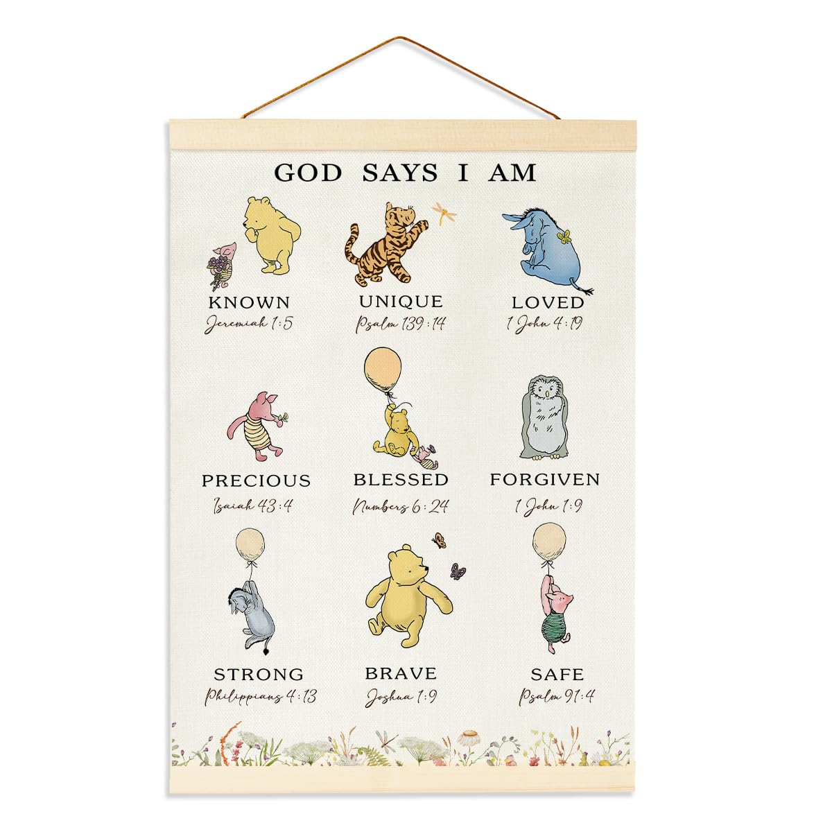 Winnie Biblical Affirmations Wall Art, The Pooh Canvas Wall Art Painting for Room, Wooden Hanging Rod Religious Gifts, Nursery Decoration For Boy or Girl
