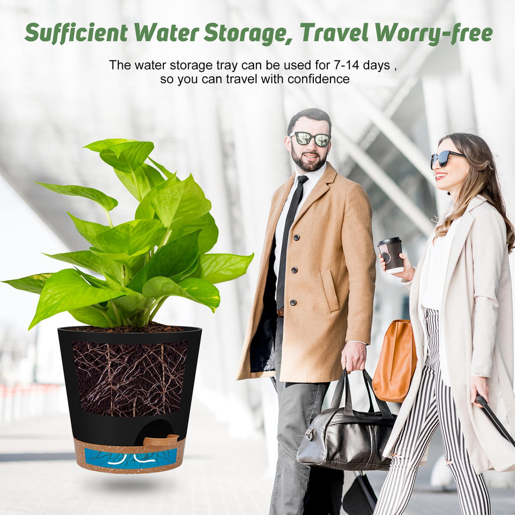YNNICO 8,7, 6.5, 6, 5.5, 5 Inches Self Watering Planters for Indoor Plants | Black,Drainage Holes and Saucers,Modern Lightweight Plastic Plant Pots for Indoor/Outdoor.