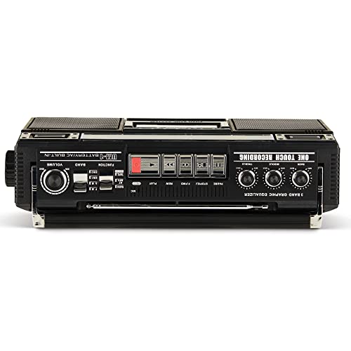 QFX Retro Bluetooth Boombox Cassette Tape Player Recorder, J-220BT, Black | Portable, Dual 3" Speakers, AM/FM/SW1/SW2 Radio, Rechargeable Battery, Built-In Mic, Recorder, 3-Band Equalizer