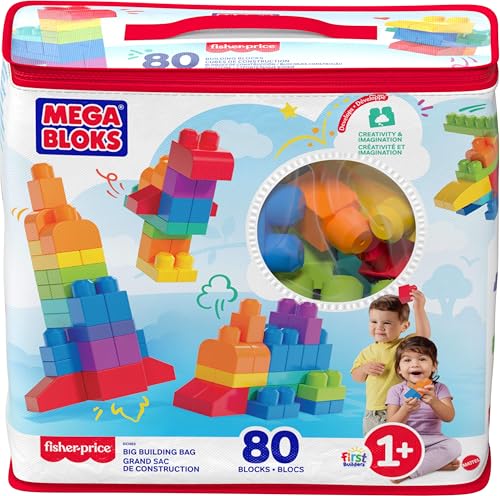 MEGA BLOKS First Builders Big Building Bag Toddler Blocks Toy Blue | 80 Colorful Pieces, Creative Open-Ended Play, Storage, Blue, Preschool Kids Ages 1+ Years, Easy to Build