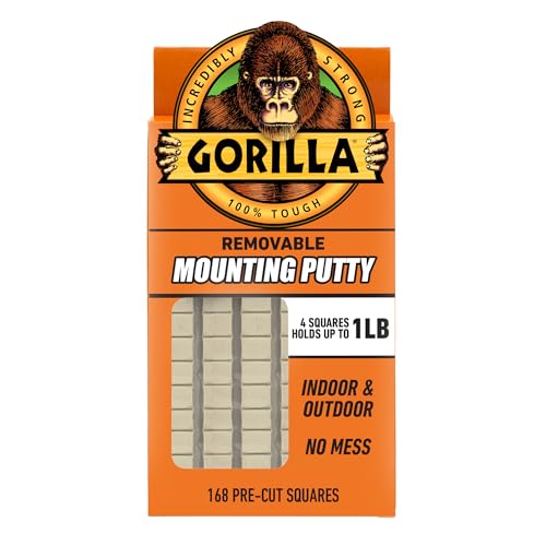 Gorilla Removable Mounting Putty, Reusable Tack, 168 Pre Cut Squares | Repositionable adhesive putty holds up to 2 lbs. No-mess mounting for posters, signs & décor, indoors or out