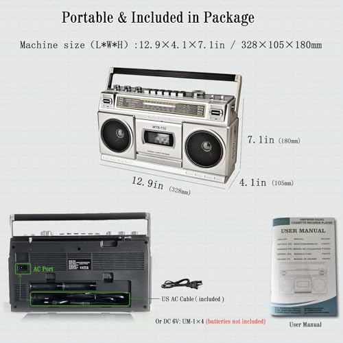 Retro Classic 80s Style Portable Boombox with Cassette Player Recorder, AM/FM/SW1/SW2 Radio, Bluetooth, USB/Micro SD Slots, Headphone Jack, 24W Dual Full-Range High Bass Speakers