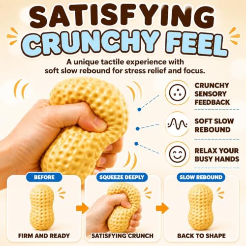 Crunchy Peanut Squishy Toys, Squeeze Fidget Toys for Stress Anxiety Relief | Peanut Squishy Crunchy Realistic Food Shaped Stress Balls, Soft Slow Rising Squishy Party Favors Birthday Gifts Adults Kids
