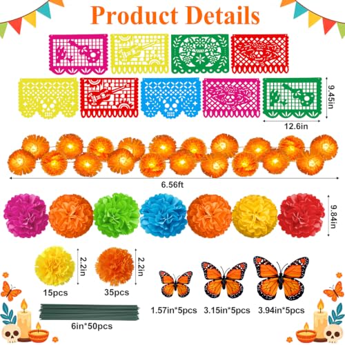 132Pcs Day of The Dead Decor Kit Dia De Los Muertos Decorations Altar Decor | Marigold Garland Light 9 Papel Picado Banners 7 Paper Flowers 50 Marigold Flowers with 50 Stems 15 Butterflies for Diwali