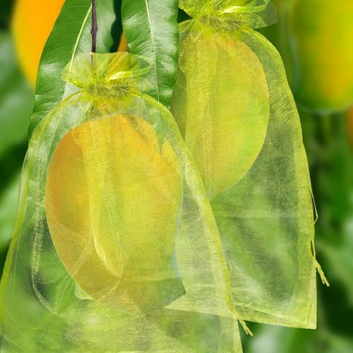 50 Pcs Fruit Protection Bags, 6×9 in Mesh Cover Nets for Tree, Green | Drawstring Netting, Protect Fruits, Dense Fine Mesh, for Vegetables Strawberry Tomato Garden, Reusable and Soft