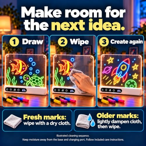 Cordless 16" LED Drawing Board for Kids | Wall Mountable Tabletop, Rechargeable Glow Doodle Note Board, 14 Light Effects, 7 Markers