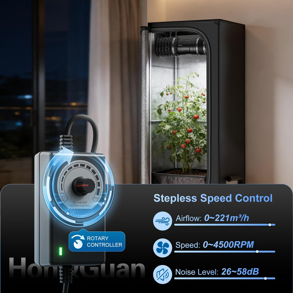 Hon&Guan 4 Inch Inline Booster Duct Fan with Speed Controller - 130 CFM Airflow with 6W Ultra-Low Power and Low Noise
