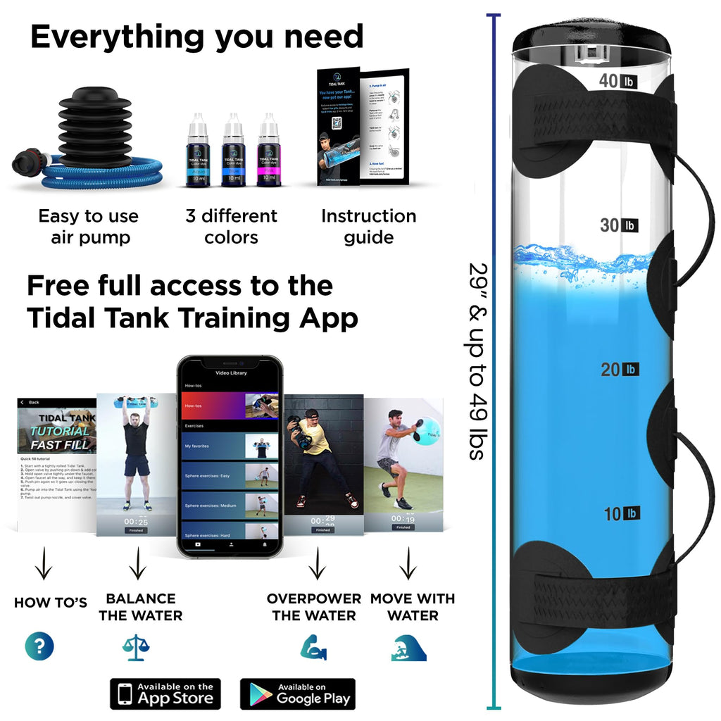Tidal Tank Tube - The Original Aqua Bag - Water Weight Bag up to 79 lbs - Adjustable Workout Sand Bags Weights Alternative - Portable Sandbag Fitness Equipment Set, Home Exercise Gym - Including App