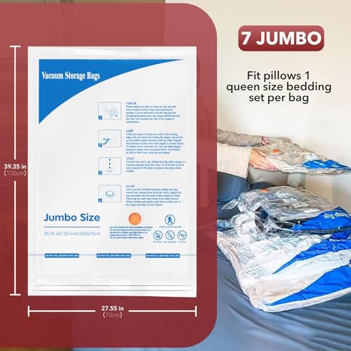 Vacuum Storage Bags 7 Jumbo, Space Saver Sealer Bags, Airtight Compression Bags for Clothes, Pillows, Comforters, Blankets, Bedding