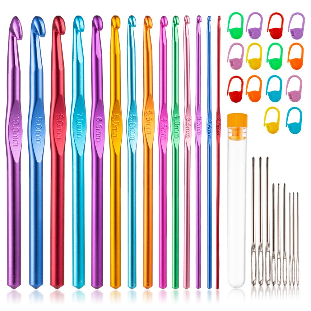Vodiye 14 Sizes Crochet Hooks Set, 2.0-10.0mm, Metal Crochet Needles | Crochet Hooks for Beginners and Craft Lovers with Ergonomic Crochet Needles for Comfortable Crocheting and DIY Yarn Projects