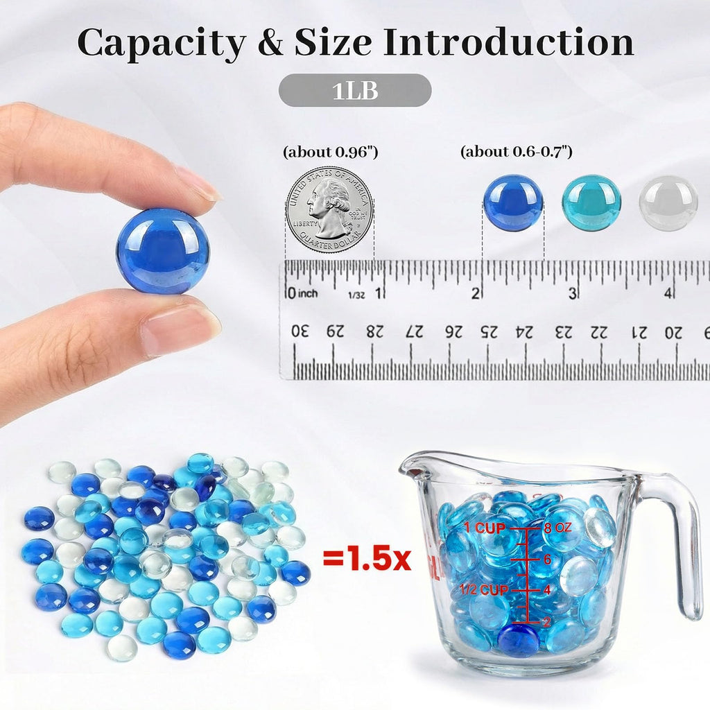 FuturePlusX 1 LB Mixed Blue Glass Beads, Flat Marbles for Vase Fillers | Decorative Glass Pebbles, Rocks Fish Tank Aquarium Decor, Table Scatter and DIY Crafts