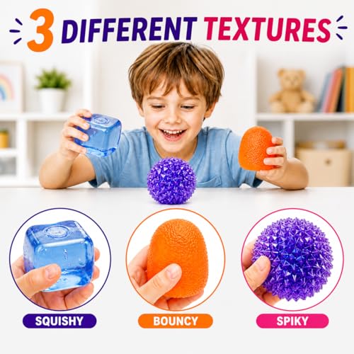 J’Adore 3 Pack Squishy Toys for Kids, Sensory Stress Relief Toys Set, Fun Cube, Gum Droppable & Spiky Orb, Soft Squeeze Fidget Toys for Toddlers Ages 3+, Party Favors & Gifts