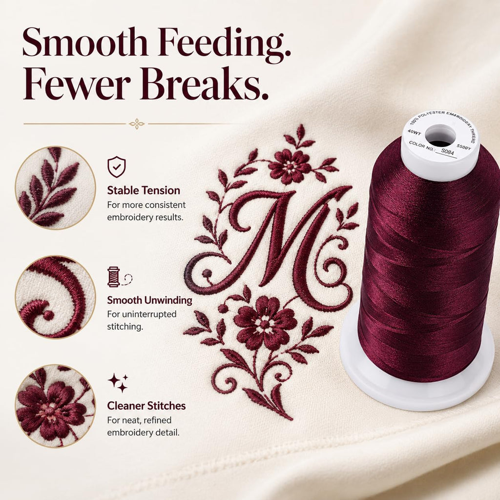 Simthread 5500Yds 40WT Polyester Embroidery Thread Burgundy Cherry S084 | High-yardage 5000M spool offers smooth feeding and stable 40WT polyester thread for home and commercial embroidery machines.