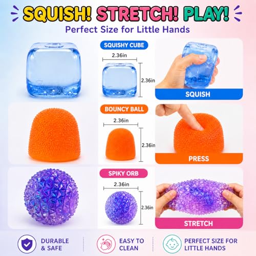J’Adore 3 Pack Squishy Toys for Kids, Sensory Stress Relief Toys Set, Fun Cube, Gum Droppable & Spiky Orb, Soft Squeeze Fidget Toys for Toddlers Ages 3+, Party Favors & Gifts