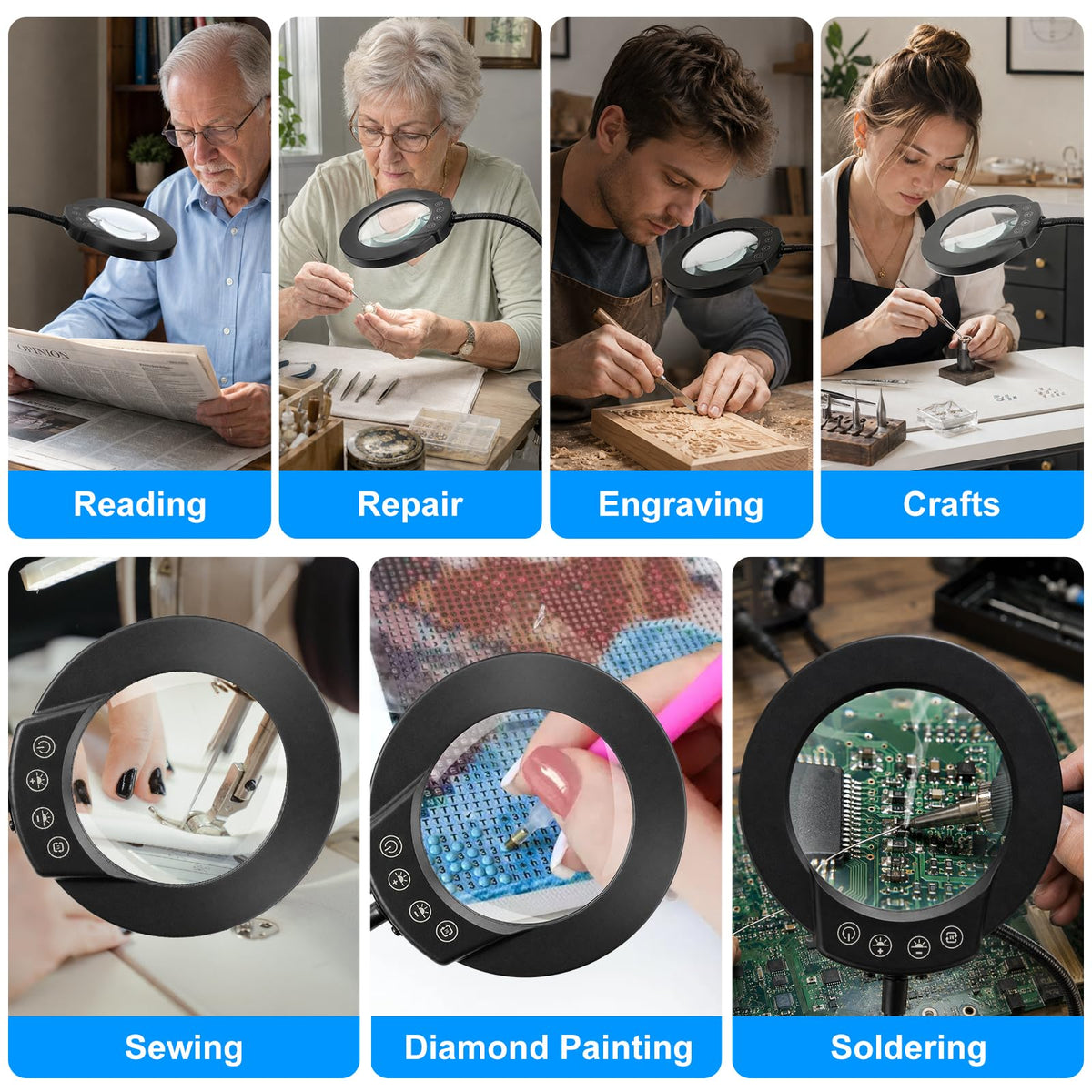 LED Desk Magnifying Lamp with Clamp,10X Magnifying Glass with Light | 5 Color Modes Stepless Dimmable Magnifier Light 3000K-6500K, 5V/2A USB Powered Hands Free Flexible Goose-Neck