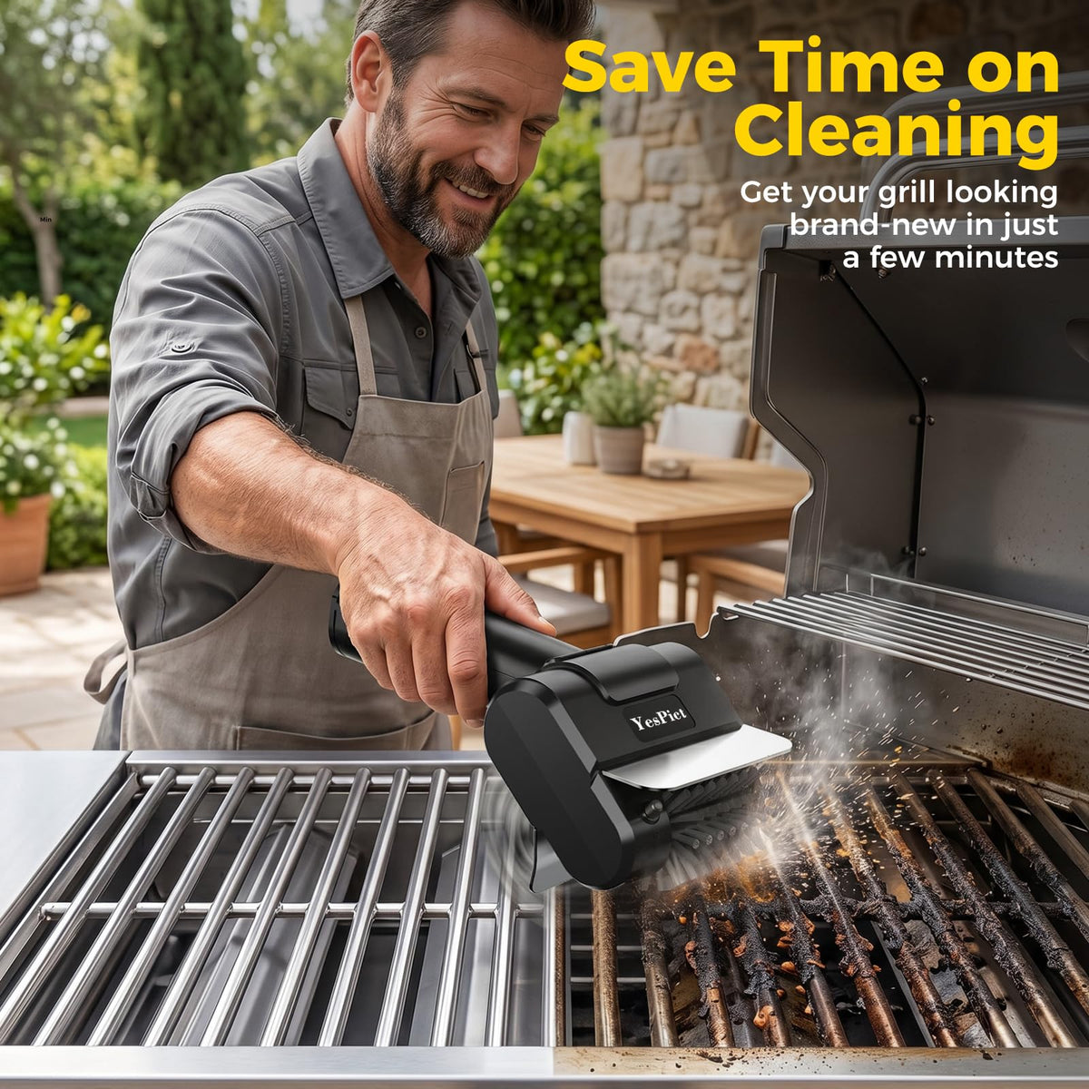 Electric Grill Brush, Cordless Rechargeable Grill Cleaner, BBQ Grill Brush | 1100RPM Cleaning Power, Max 180-Min Runtime, Replaceable Stainless Steel Head, Backyard BBQs, Park Picnics, Tailgates