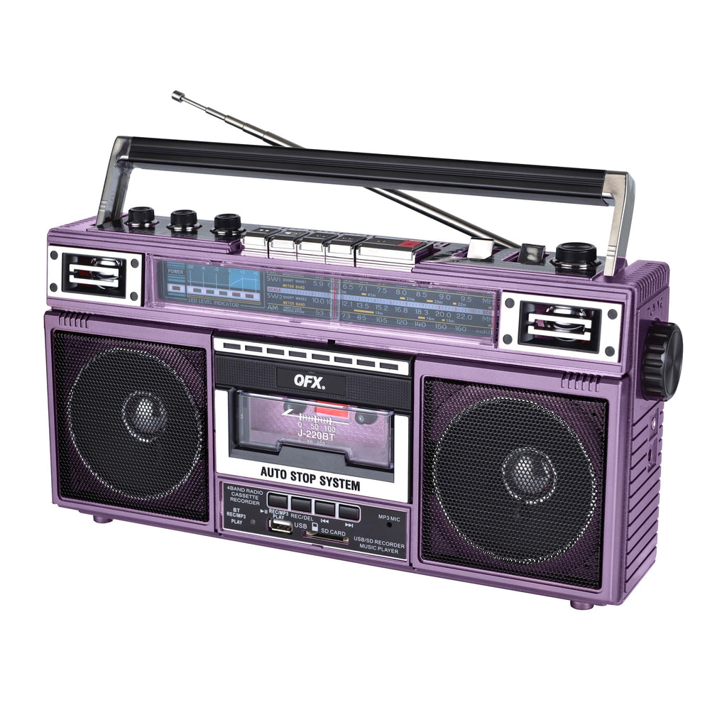 QFX Retro Bluetooth Boombox Cassette Tape Player Recorder, J-220BT, Purple | Portable, Dual 3" Speakers, AM/FM/SW1/SW2 Radio, Built-in Microphone, Recorder, 3-Band Equalizer - Limited Edition