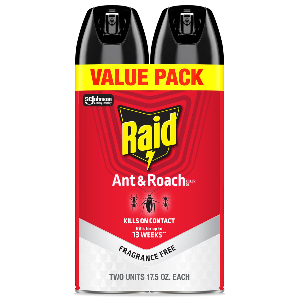 Raid Ant & Roach Killer Bug Spray, Fragrance Free, 17.5 oz, 2 Count | Kills Ants & Roaches on Contact, Keeps Killing For Up to 13 Weeks, For Home Use, No Lingering Chemical Odor