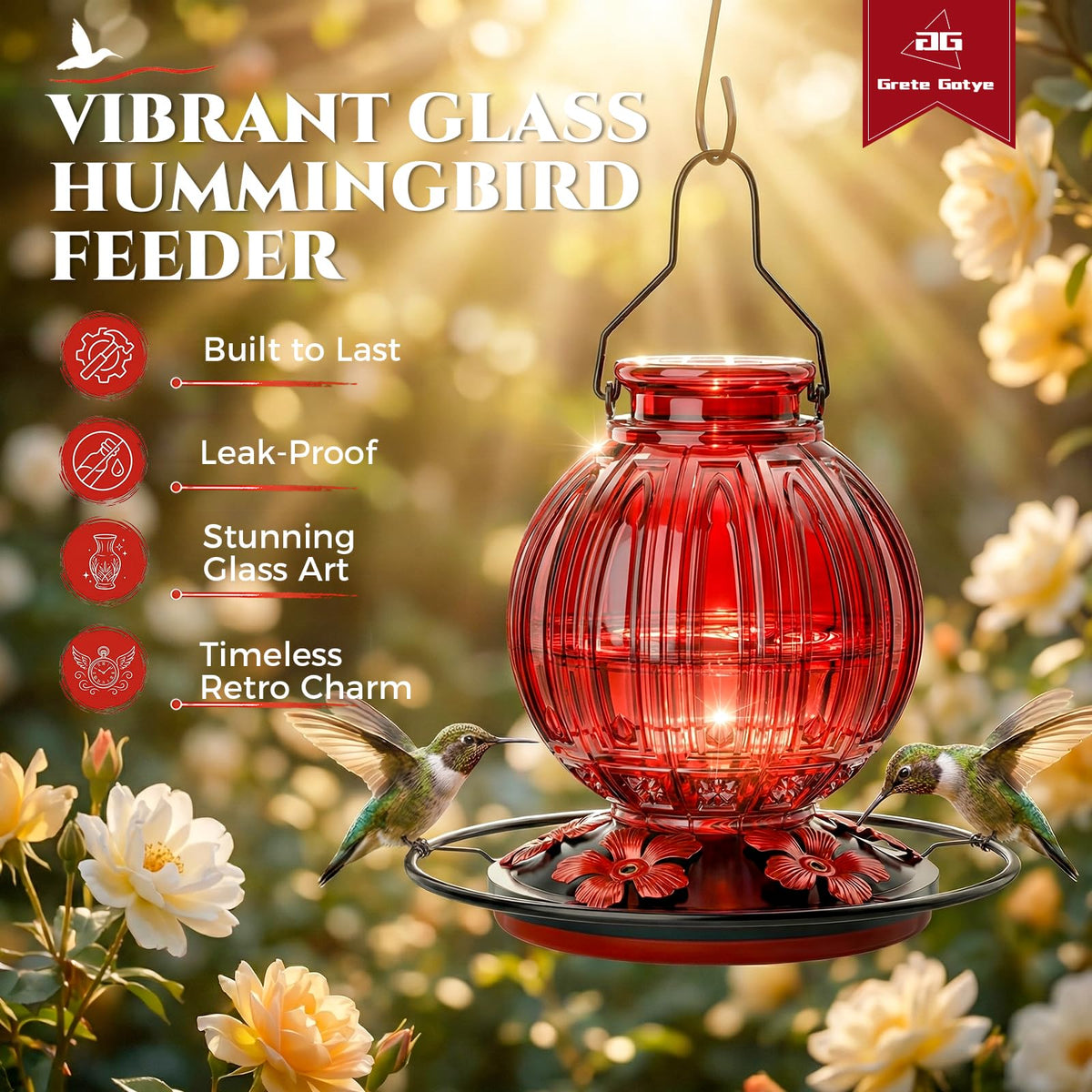 Glass Hummingbird Feeder for Outdoors Hanging, 26 fl oz Bird Nectar Feeder | 5 Metal Flower Feeding Ports, 360° Perch Ring, Easy Refill & Clean, Leakproof, Ideal for Backyard, Garden Outdoor Decor, Red