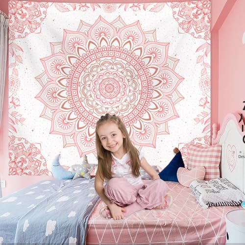 Apdidl Pink Boho Wall Tapestry for Bedroom,Mandala Bohemian Tapestries Girl | Girls Large Light Pink and White Cute Room Wall Hanging, Floral Hippy Flowers Teen Wall Decor Art Aesthetic for Dorm 51"X60"