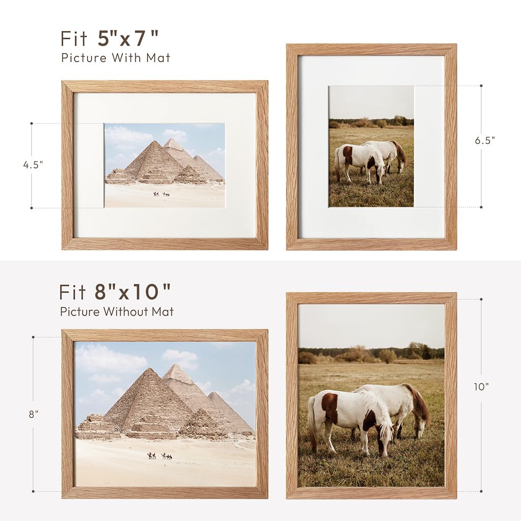 wallwisy 8x10 Picture Frame, Solid Oak Wood 8x10 Frames with Mat to 5x7 | Natural Oak 10x8 Photo Frames, Wall and Tabletop Display, Horizontal or Vertical Display, Natural finish, Set of 1